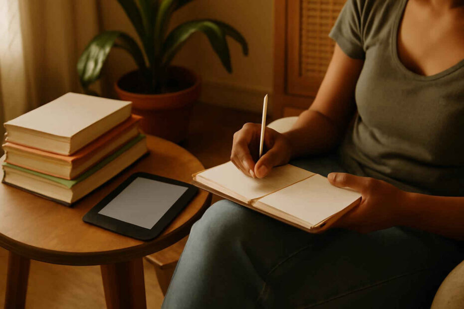 Pessoa organizando um plano de leitura com livros, caderno e e-reader