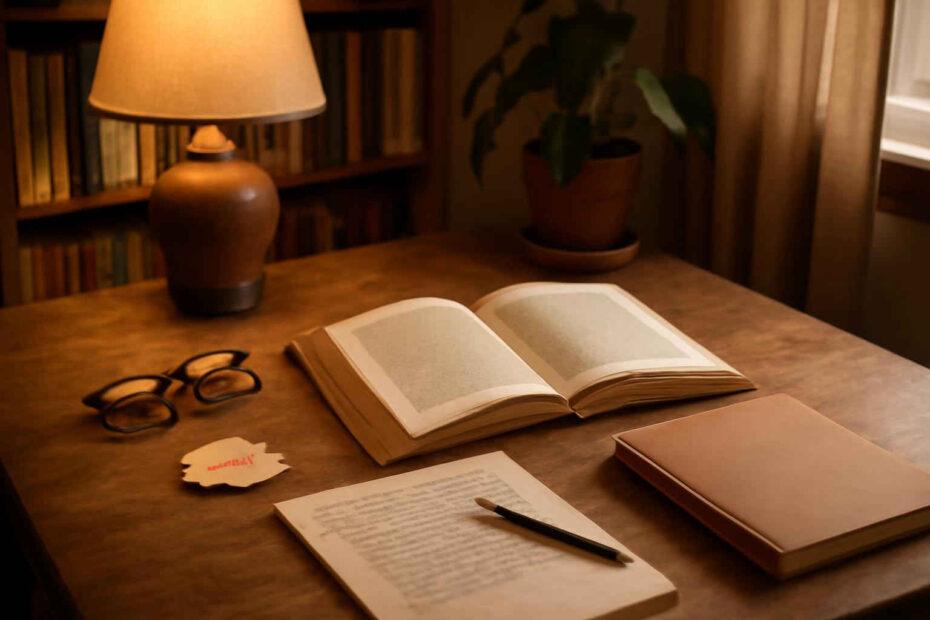 Mesa de estudo com livro aberto, anotações e caderno para fazer resenha de livro