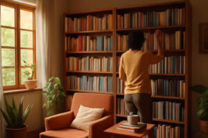 Pessoa organizando livros em uma estante de casa com categorias bem definidas