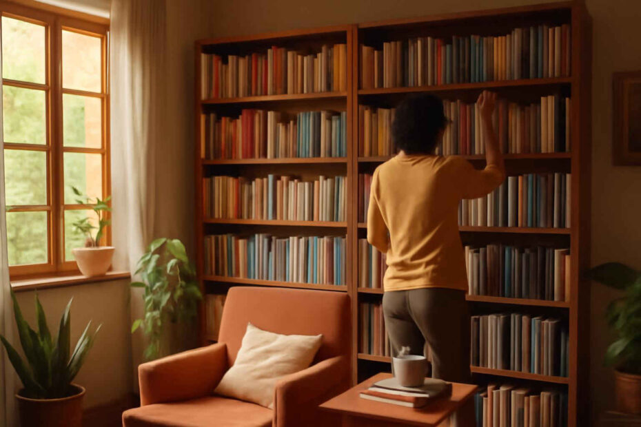 Pessoa organizando livros em uma estante de casa com categorias bem definidas