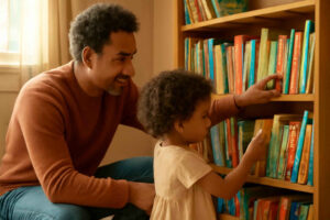 Adulto e criança escolhendo livros infantis por idade em uma estante de casa
